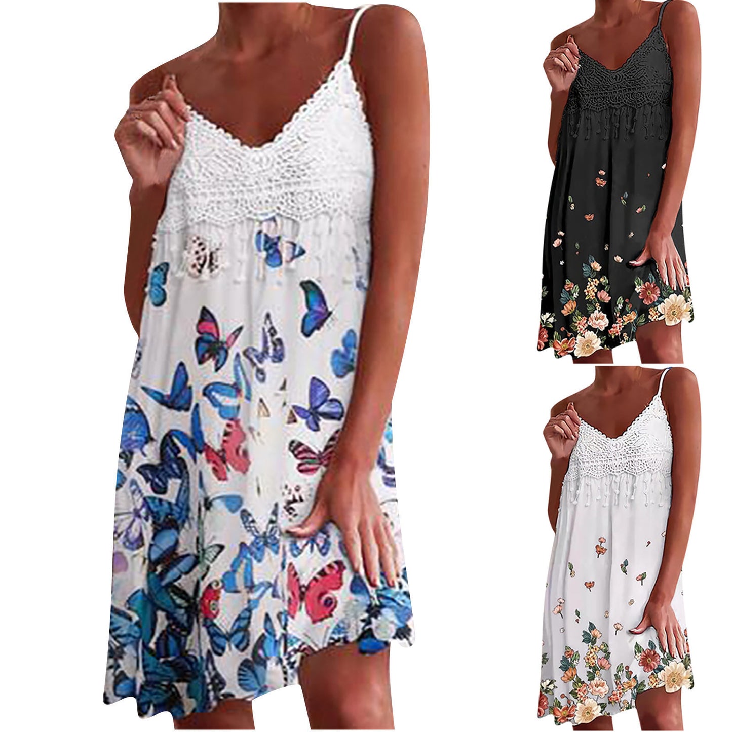 Lace V-neck Digital Print Sleeveless Slim Dress With Sling