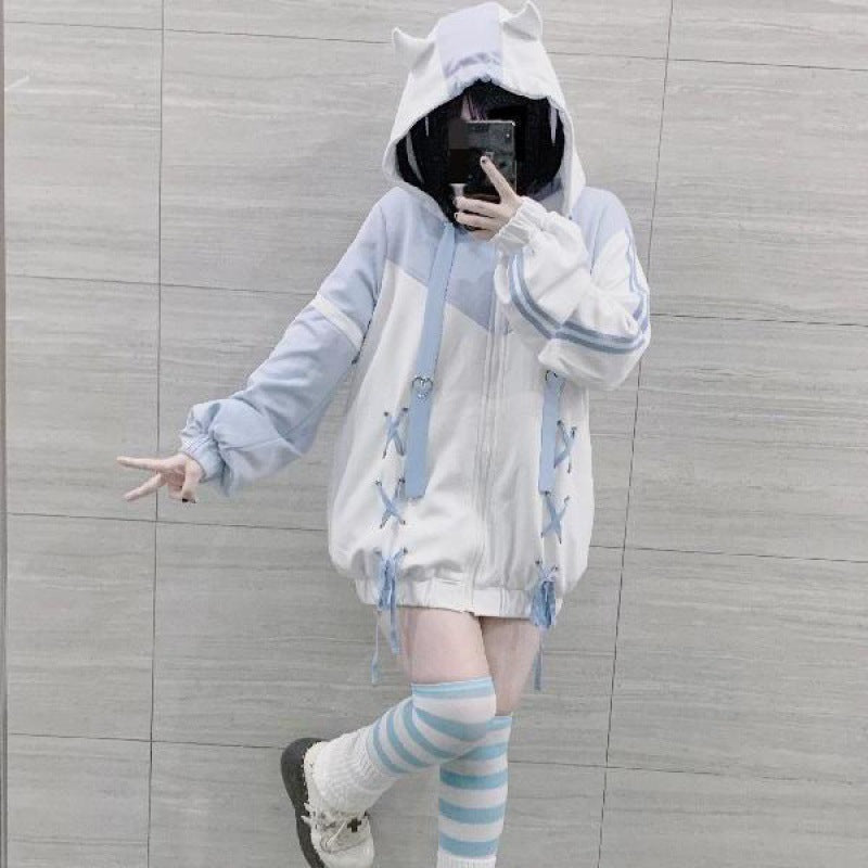 Water Color Hooded Jacket Japanese Style Soft Girl Loose Tied Zipper Sweater