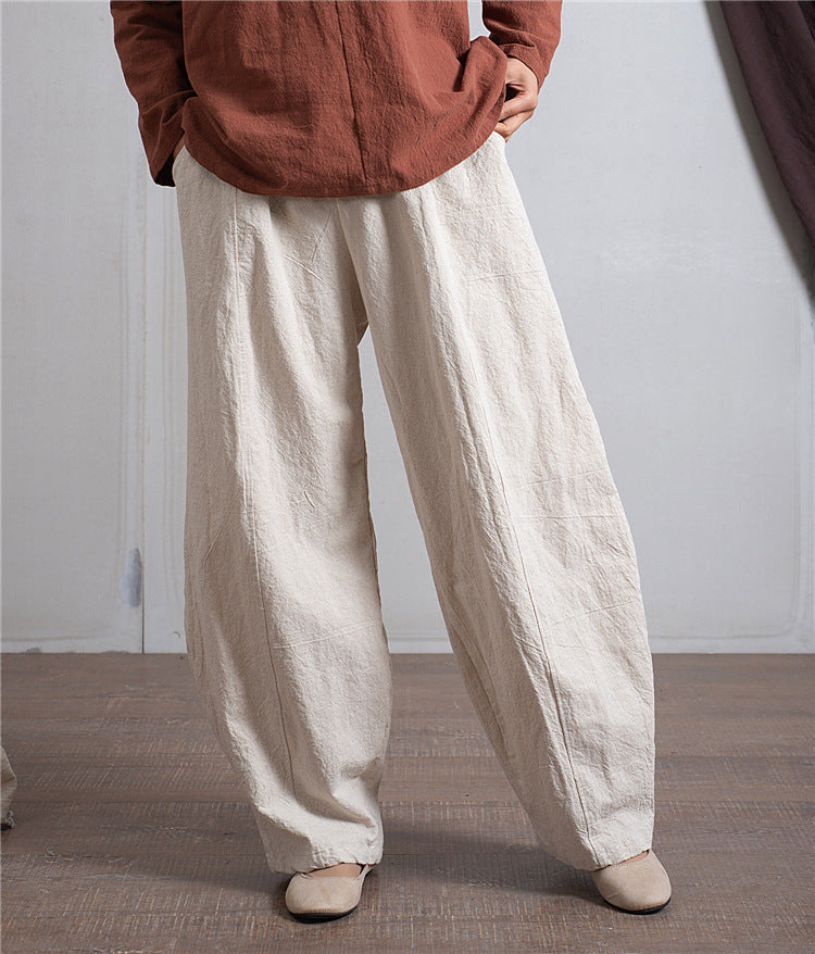 Pantalones de pierna ancha estilo harén de lino y algodón para mujer, informales, sencillos, con cintura elástica