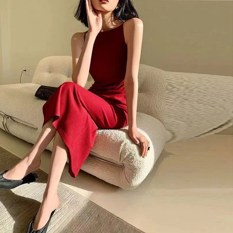 Women's Fashion Solid Color One Shoulder Sling Dress