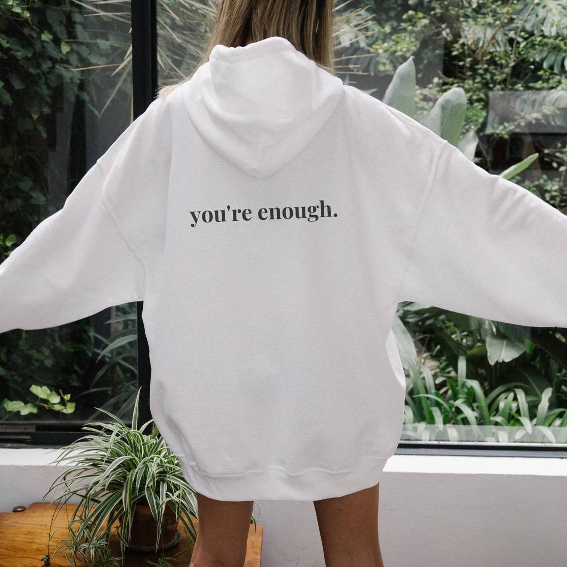 You're Enough Printed Back Casual Hooded Pocket Sweater