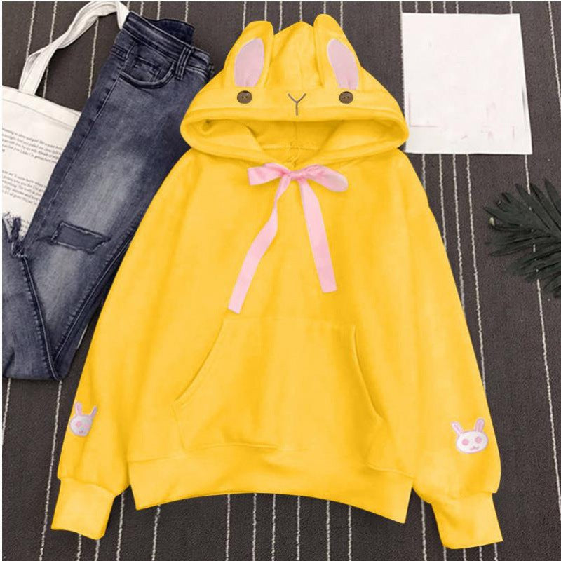 Women's Autumn And Winter Embroidered Cute Rabbit Ear Pocket Hoodie