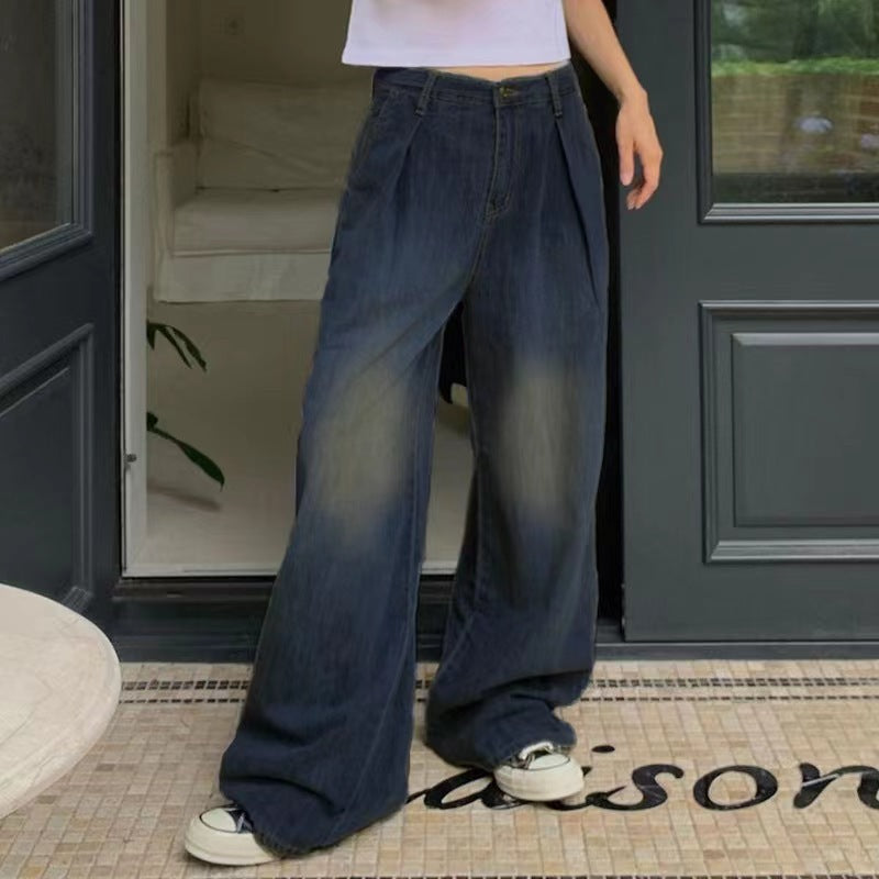 Washed Casual Loose Retro Blue Jeans Simple Fashion High Waist Wide Leg