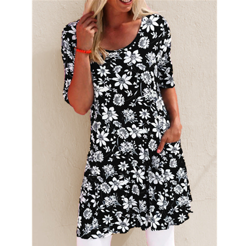 Summer Fashion Printed Loose Short Sleeve Pocket Dress Floral Dress