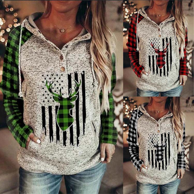 Hooded Loose Fleece Sweater Plaid Printed Long-sleeved Top