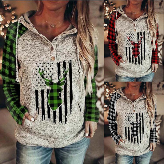 Hooded Loose Fleece Sweater Plaid Printed Long-sleeved Top