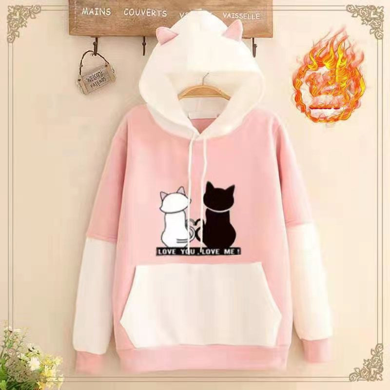 Add Velvet Thickening Match Color Loose Class Clothes Student Girl Hoodie