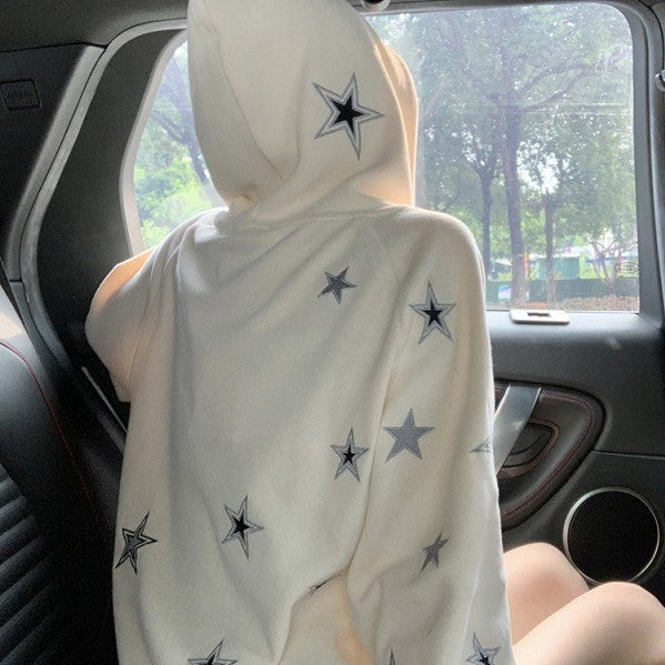 Sweet Cool Stars Embroidered Zipper Hooded Sweatshirt Jacket Female