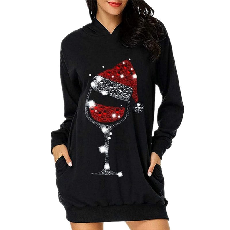 Women's Printed Mid-length Pocket Hooded Long Sleeve Sweater