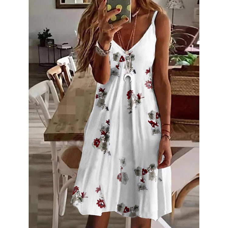 Loose Fitting V Neck Printed Drawstring Dress