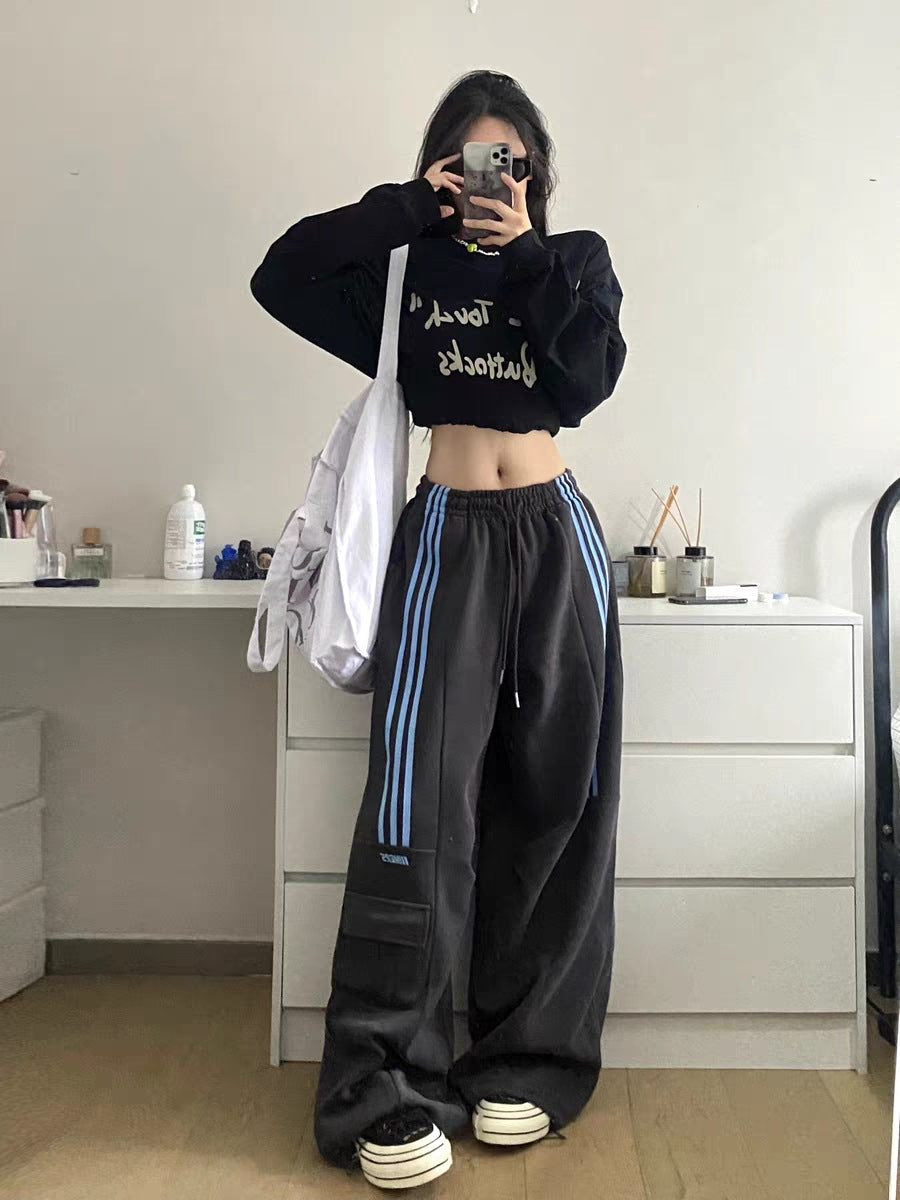 Retro Three Bars Casual Sports Pants Female Wide Leg Sweatpants