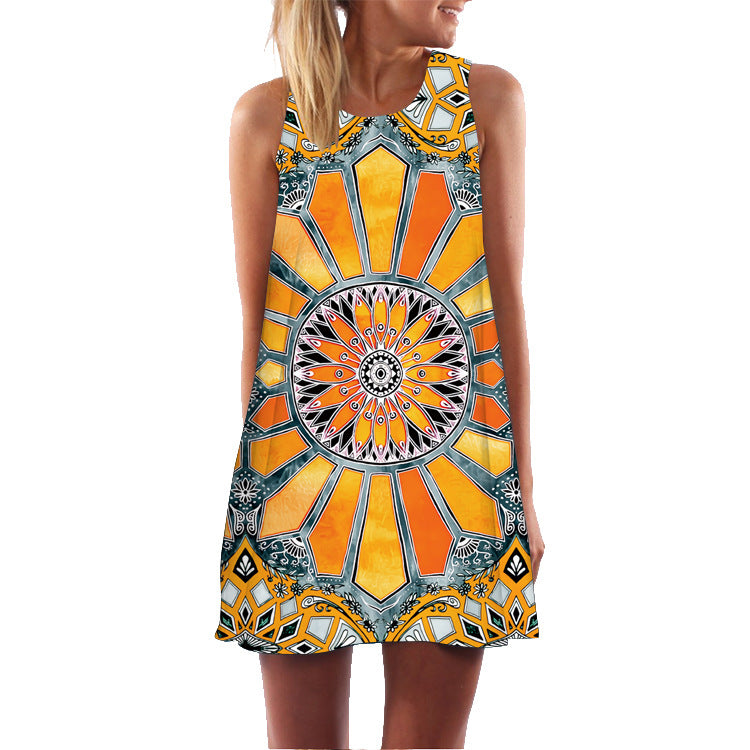 Printed Round Neck Loose Big Hem Cold-shoulder Sleeveless Mid-length Dress