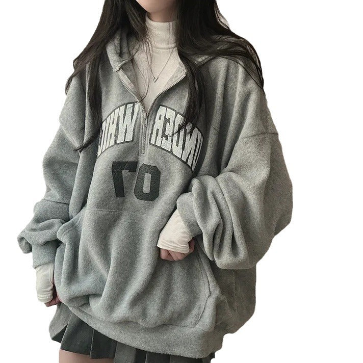 Letter Zipper Hooded Sweater For Women Fleece-lined Thickened