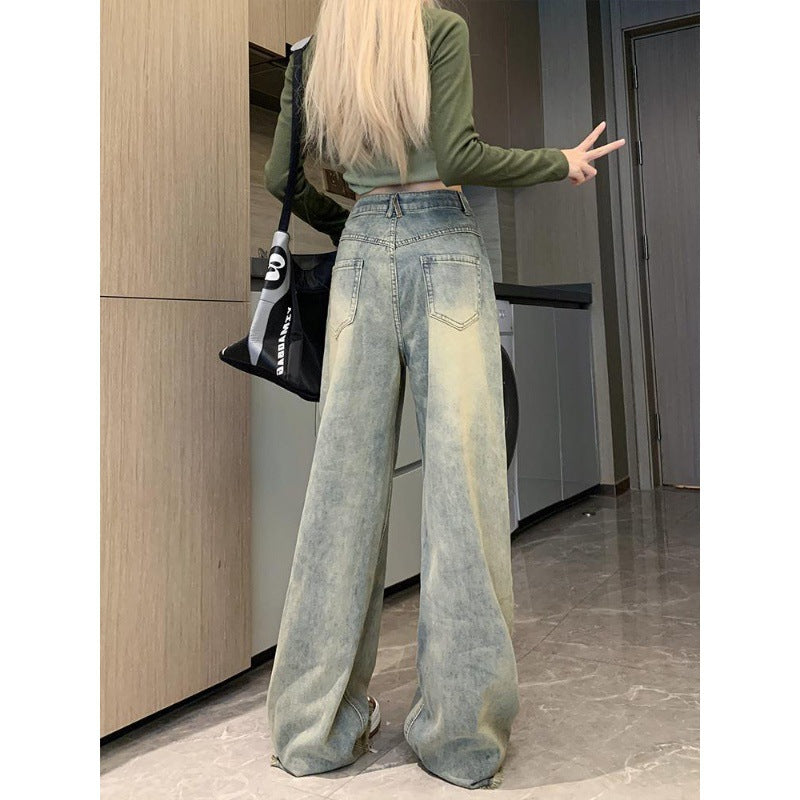 Retro Blue Distressed Wide-leg Jeans For Women